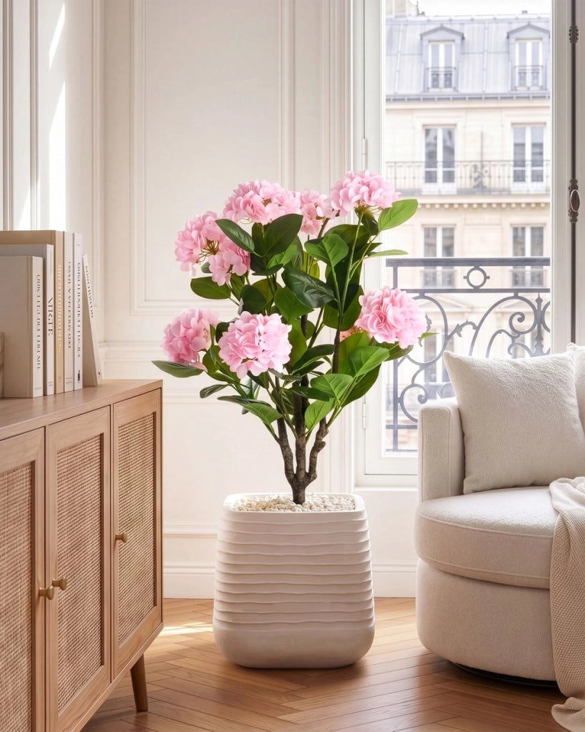 Pianta in vaso artificiale in materiale sintetico rosa 90 cm, con fiori, accessorio decorativo per interni, realizzata a mano