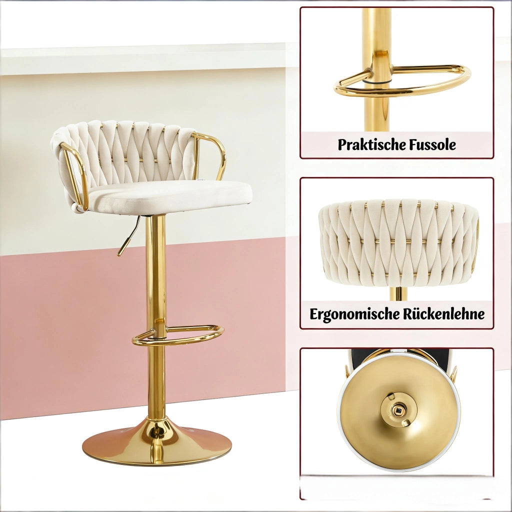 Sgabello da bar girevole in velluto crema bianco con braccioli, altezza regolabile 77-98 cm