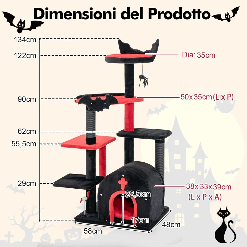 Albero per Gatti Gotico, Tiragraffi con Letto per Gatti, Condominio ad Arco, Pali, Pompom e Palline a Molla, Cat Tree di Halloween a 6 Livelli, Nero e Rosso