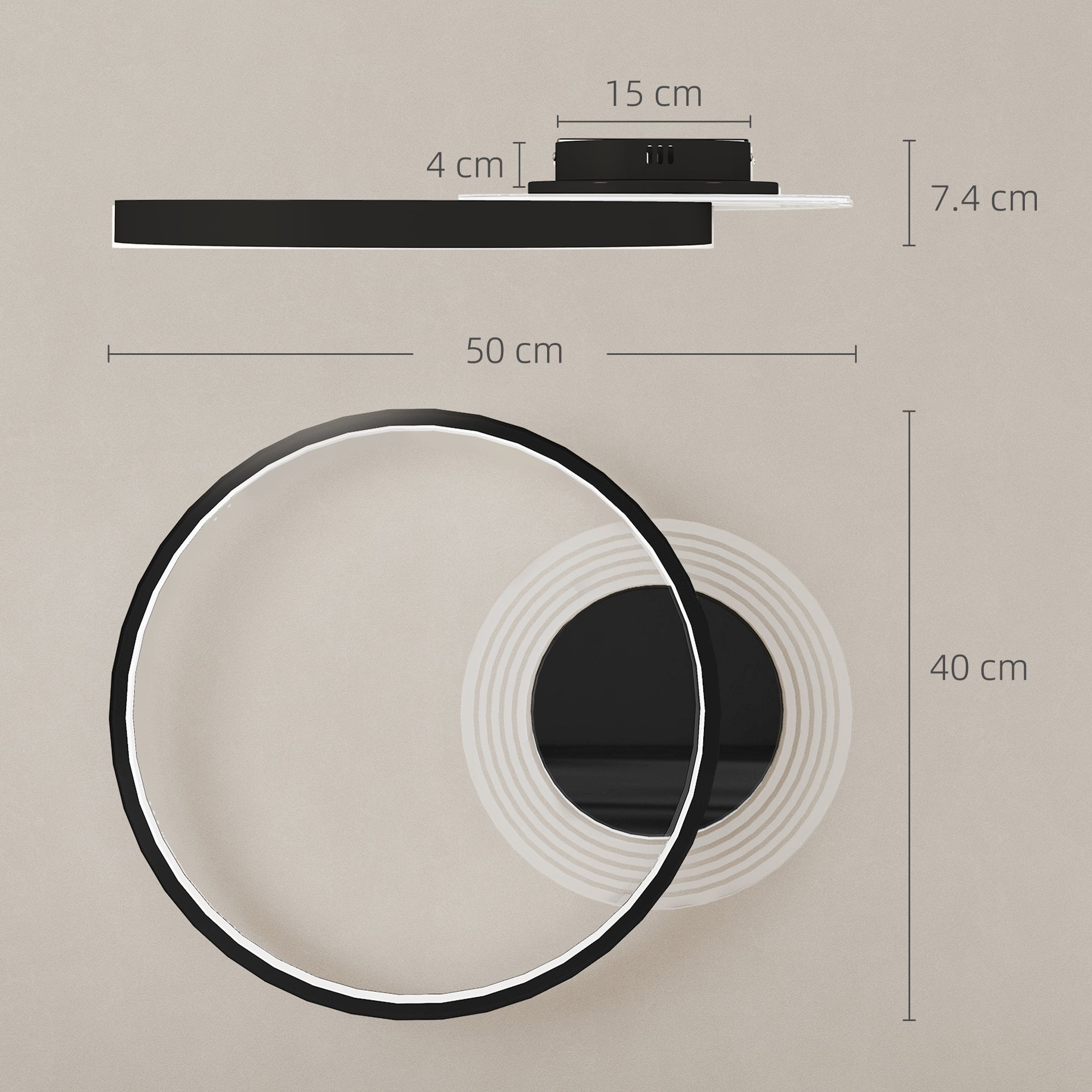 Plafoniera LED Moderna a 2 Anelli 50x40x 7,4 cm Potenza 30W in Alluminio e Acrilico Nero