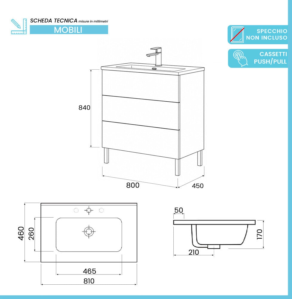 Mobile bagno a terra 80 cm blu tre cassetti push-pull con lavabo Tierra