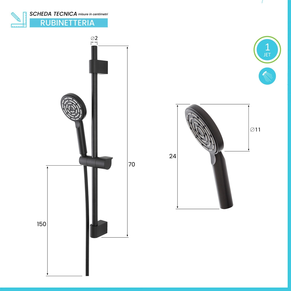 Saliscendi doccia 70 cm regolabile con doccetta tonda in ABS nero opaco Hidra