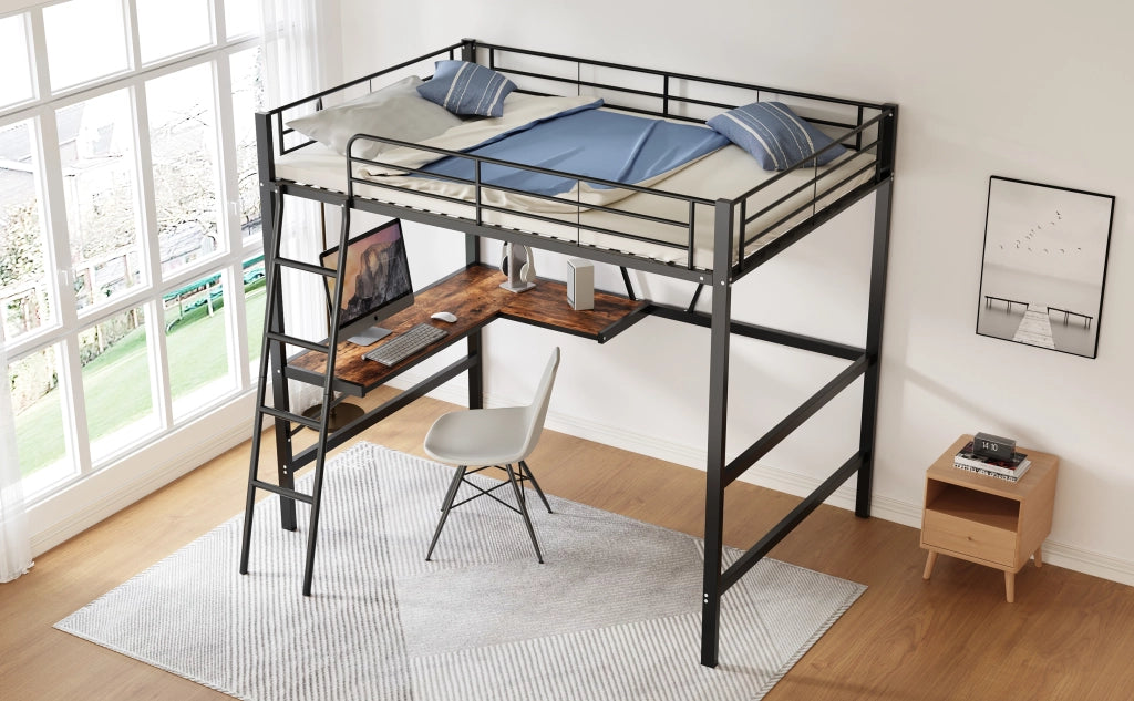 DESMIU Letto a soppalco singolo con scrivania a L e scaffale, 90 × 200 cm, senza materasso, metallo nero