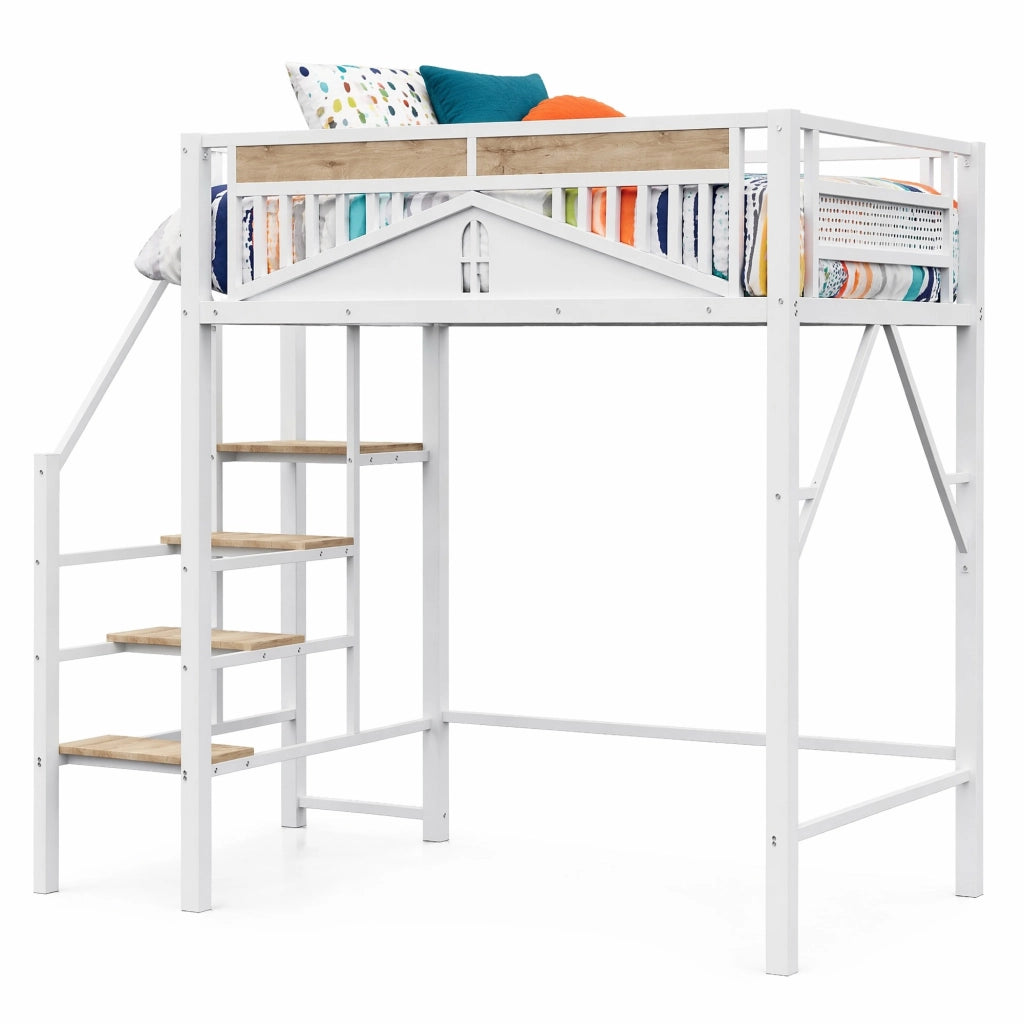 Letto a soppalco in metallo 140x200 cm con scala di sicurezza, finestra decorativa e spazio contenitore, bianco