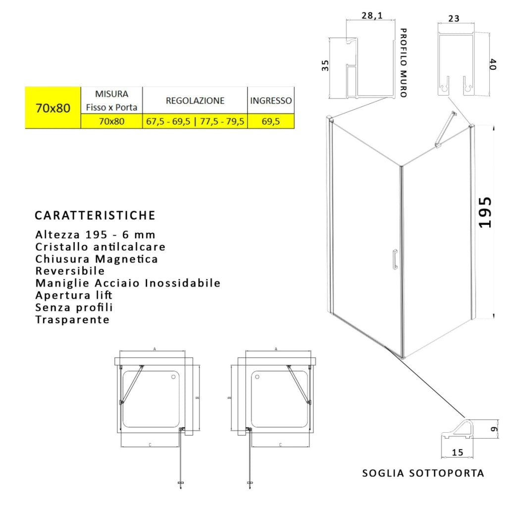 Box doccia angolare con porta battente e lato fisso h195cm 6mm salema, misura 70x80