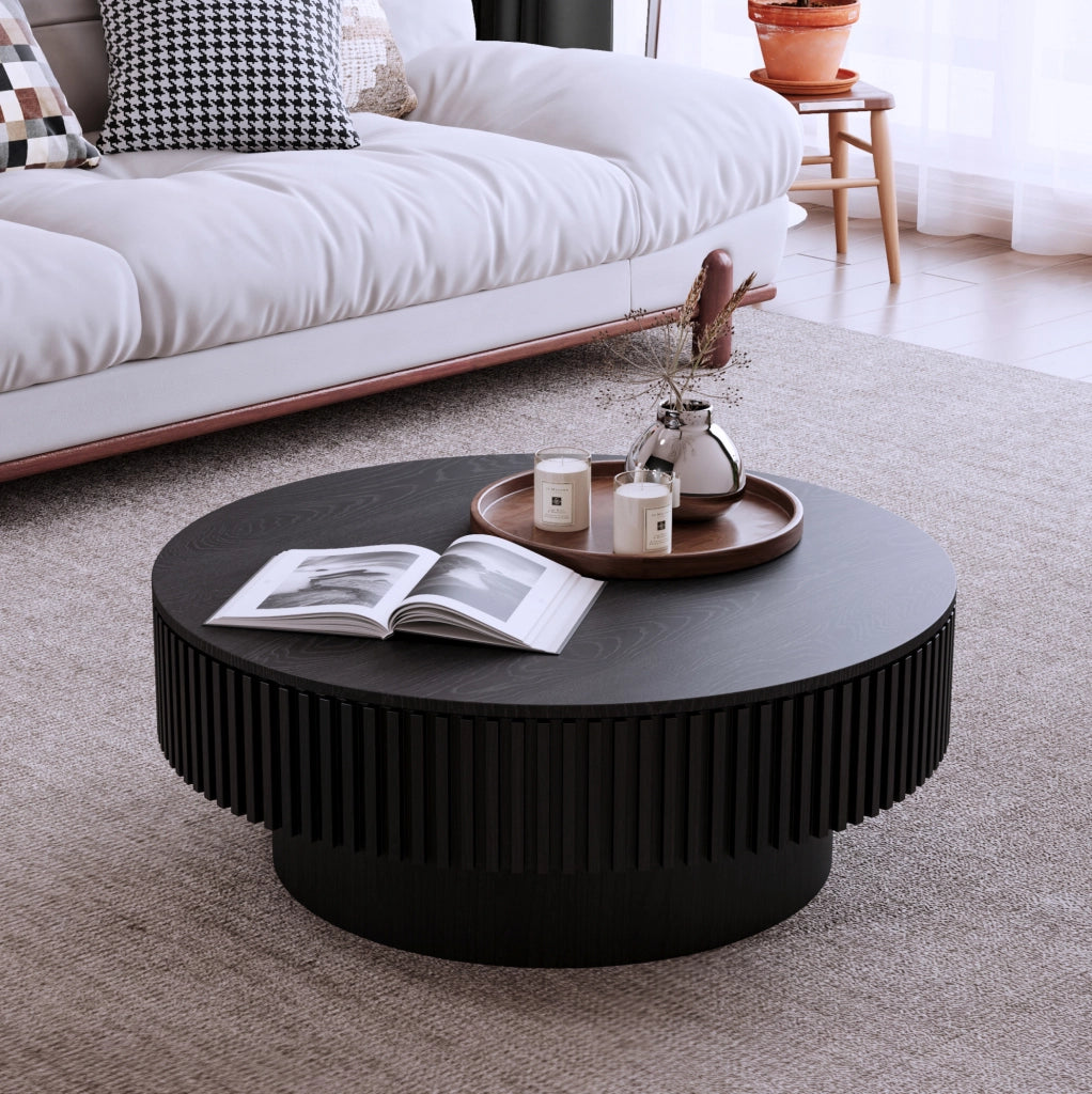 Tavolino da caffè rotondo 75 cm con vano contenitore, MDF impiallacciato in legno, colore nero