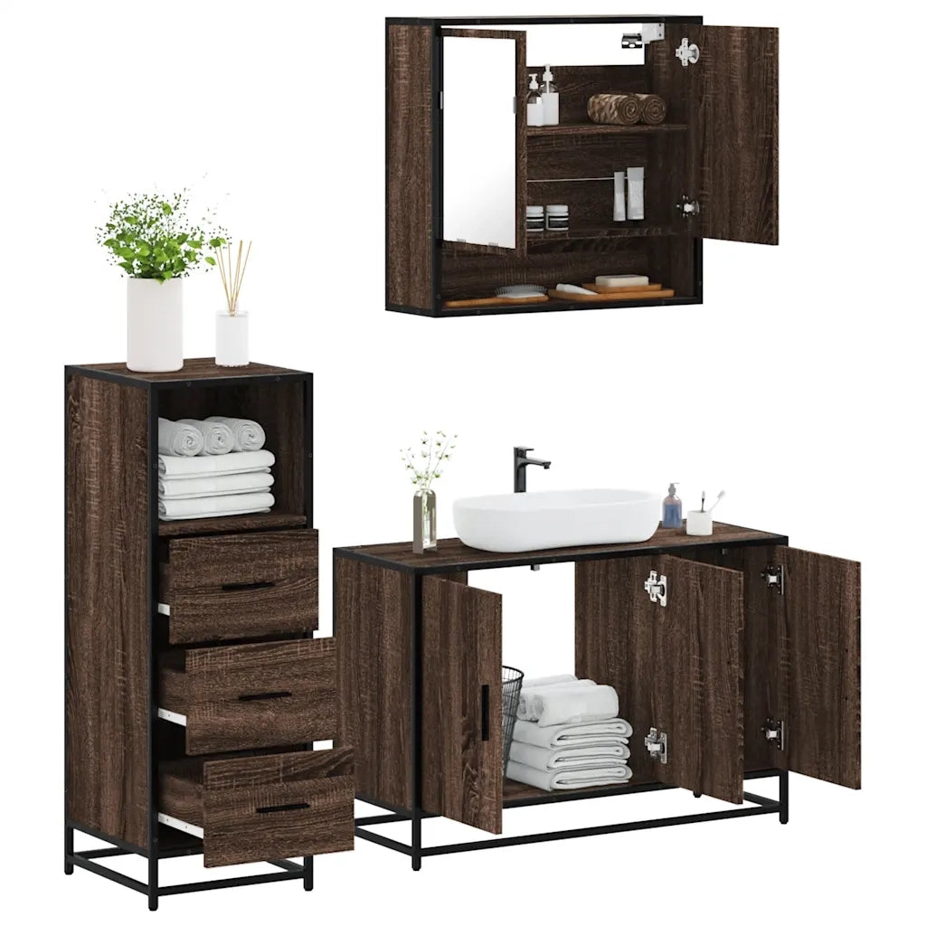 Set Mobili da Bagno 3 pz Rovere Marrone in Legno Multistrato 3301044
