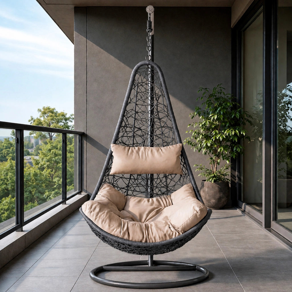 Poltrona Amaca Sospesa Con Telaio Indipendente In Metallo Seduta Ergonomica In Polyrattan E Cuscino Morbido Con Appoggiatesta Arredo Relax Per Giardino Patio Terrazzo 105 x 195 Cm Nero E Beige