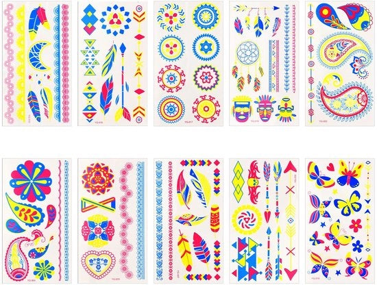 Accessori per festival - Tatto temporanei 10 strisce - Tatto autoadesivi - Tatto luminosi - Neon UV - Blacklight - Accessori per eventi - Durata 3-5 giorni - Tatto neon