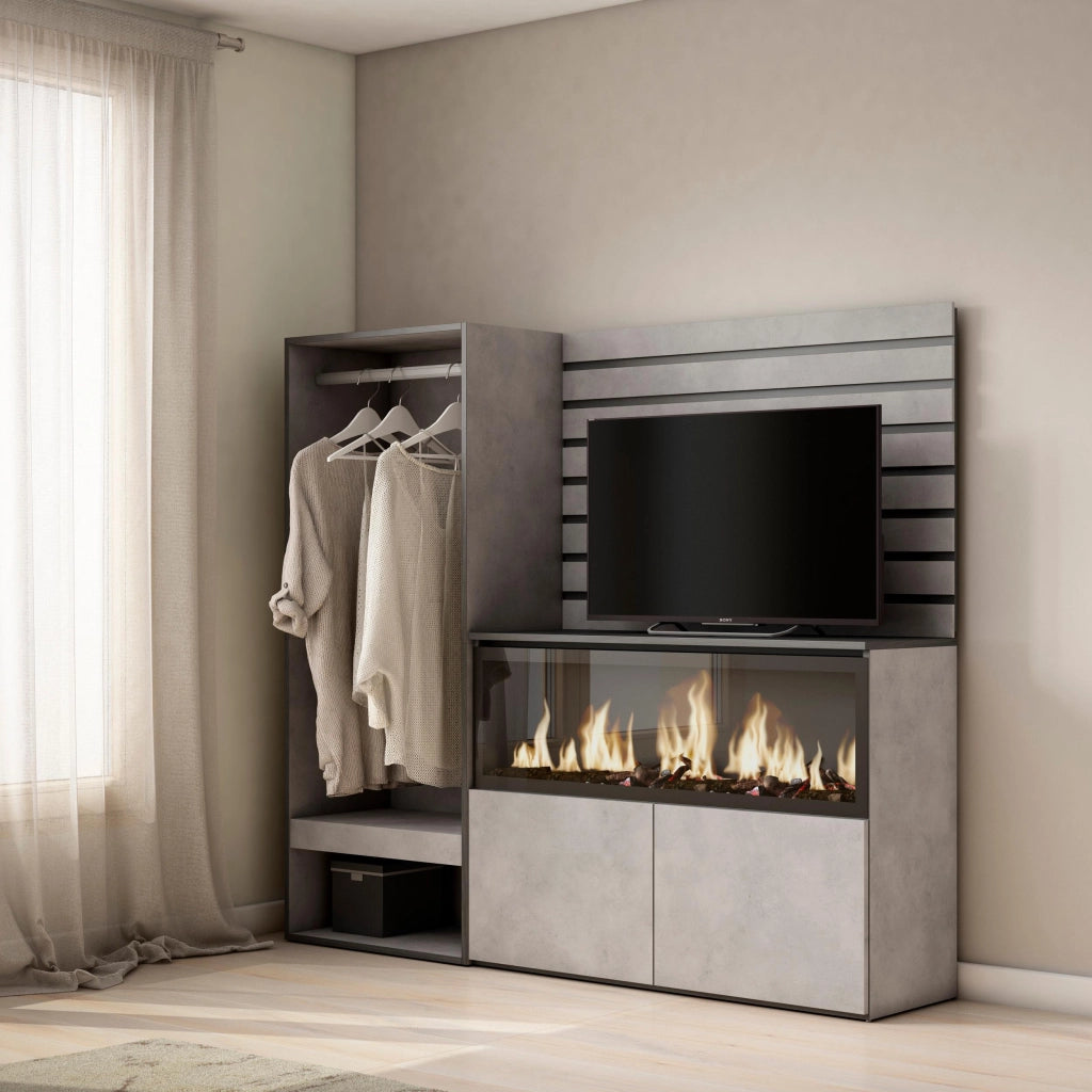 Credenza, 167x35x145cm, Camera da letto, Camino elettrico XXL, Armadio Aperto, grigio cemento RF3390