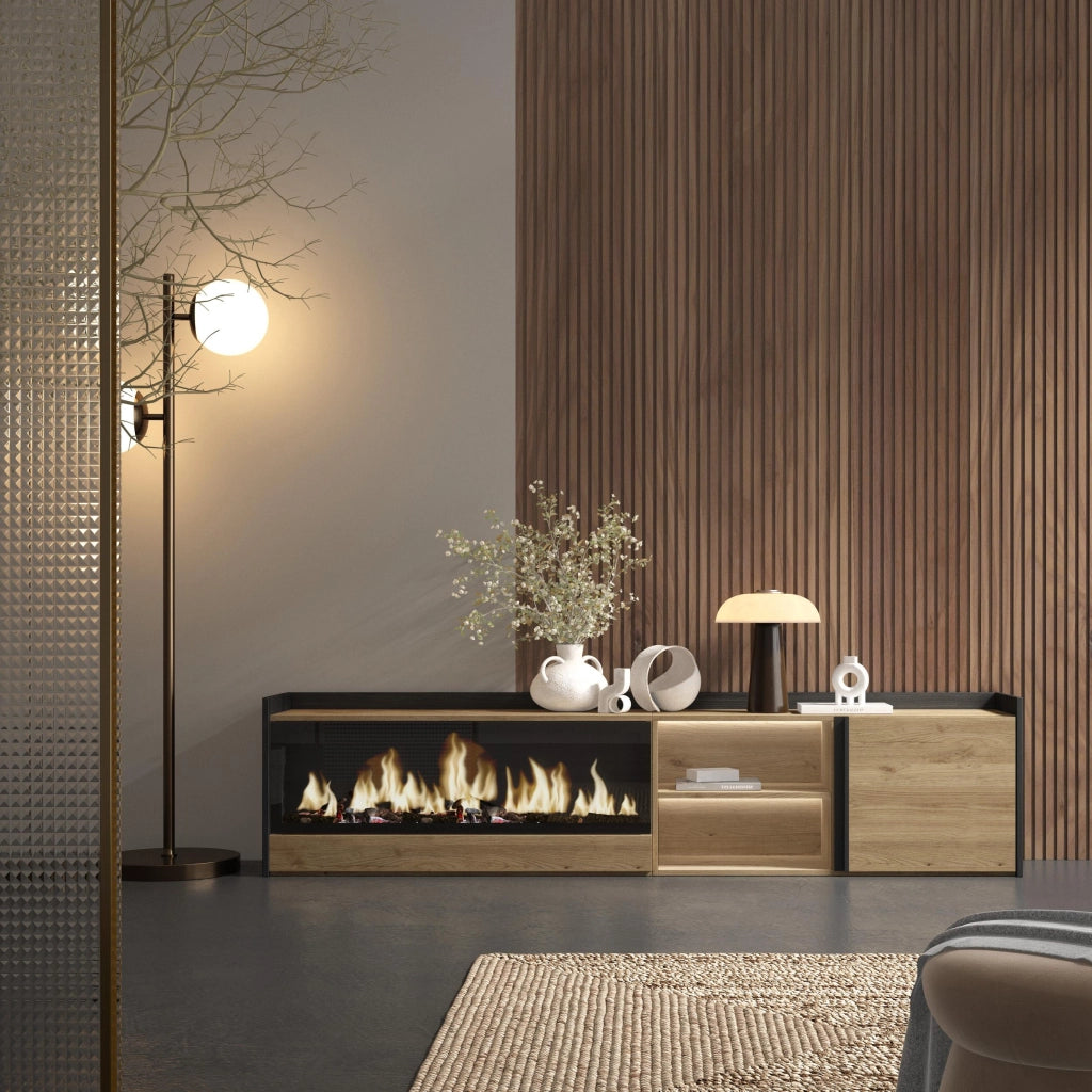 Mobile TV Soggiorno, 212x50x35 cm, Per TV fino a 80", Camino elettrico XXL, LED, Rovere e nero
