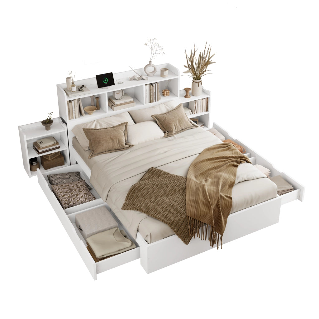 Letto Matrimoniale in Legno con Testiera, Cassetti e Comodini ¨C MINIMAL ¨C Bianco 140x200