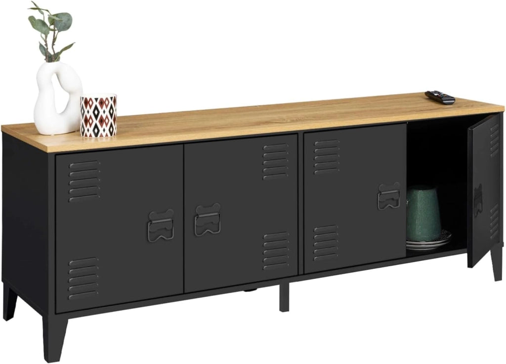 Credenza bassa ESTER 140 cm con 4 ante in metallo nero e piano in legno dal design industriale