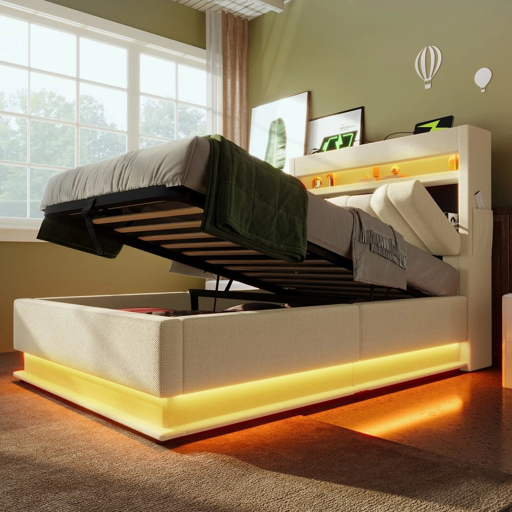 Letto Singolo Imbottito con Contenitore Idraulico e LED ¨C MINIMAL ¨C Beige, Tessuto Lino, 90x200