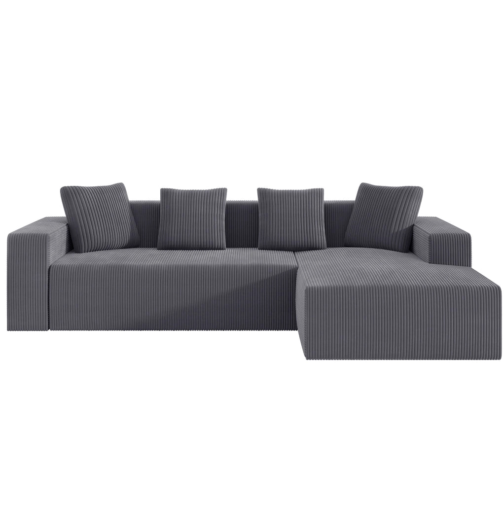 Divano modulare 261x146x65 cm con chaise longue; seduta profonda; velluto a coste grigio
