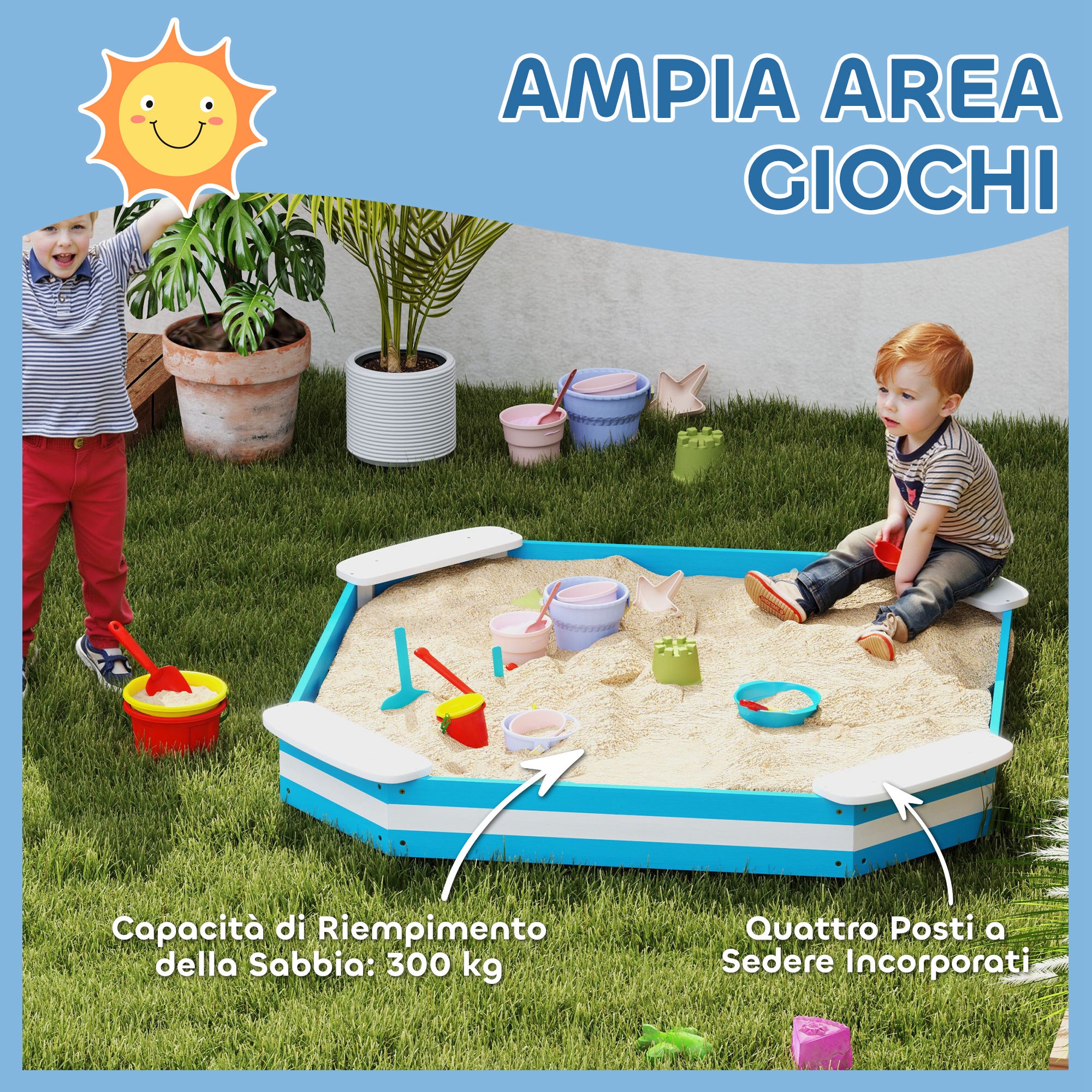 Sabbiera per Bambini 133x133x16 cm con 4 Sedute Angolari in Legno Blu e Bianco