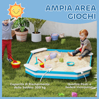 Sabbiera per Bambini 133x133x16 cm con 4 Sedute Angolari in Legno Blu e Bianco