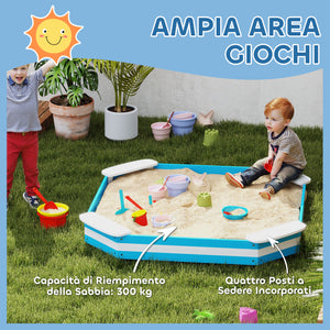 Sabbiera per Bambini 133x133x16 cm con 4 Sedute Angolari in Legno Blu e Bianco