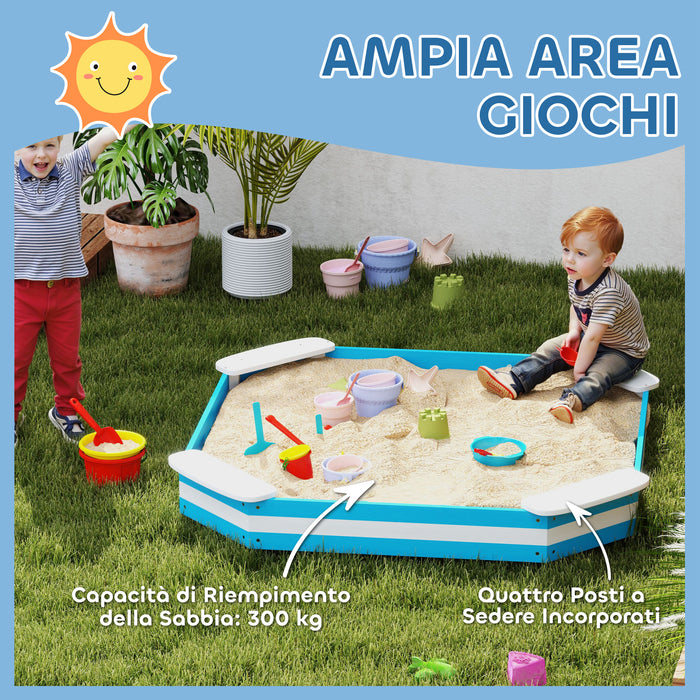 Sabbiera per Bambini 133x133x16 cm con 4 Sedute Angolari in Legno Blu e Bianco