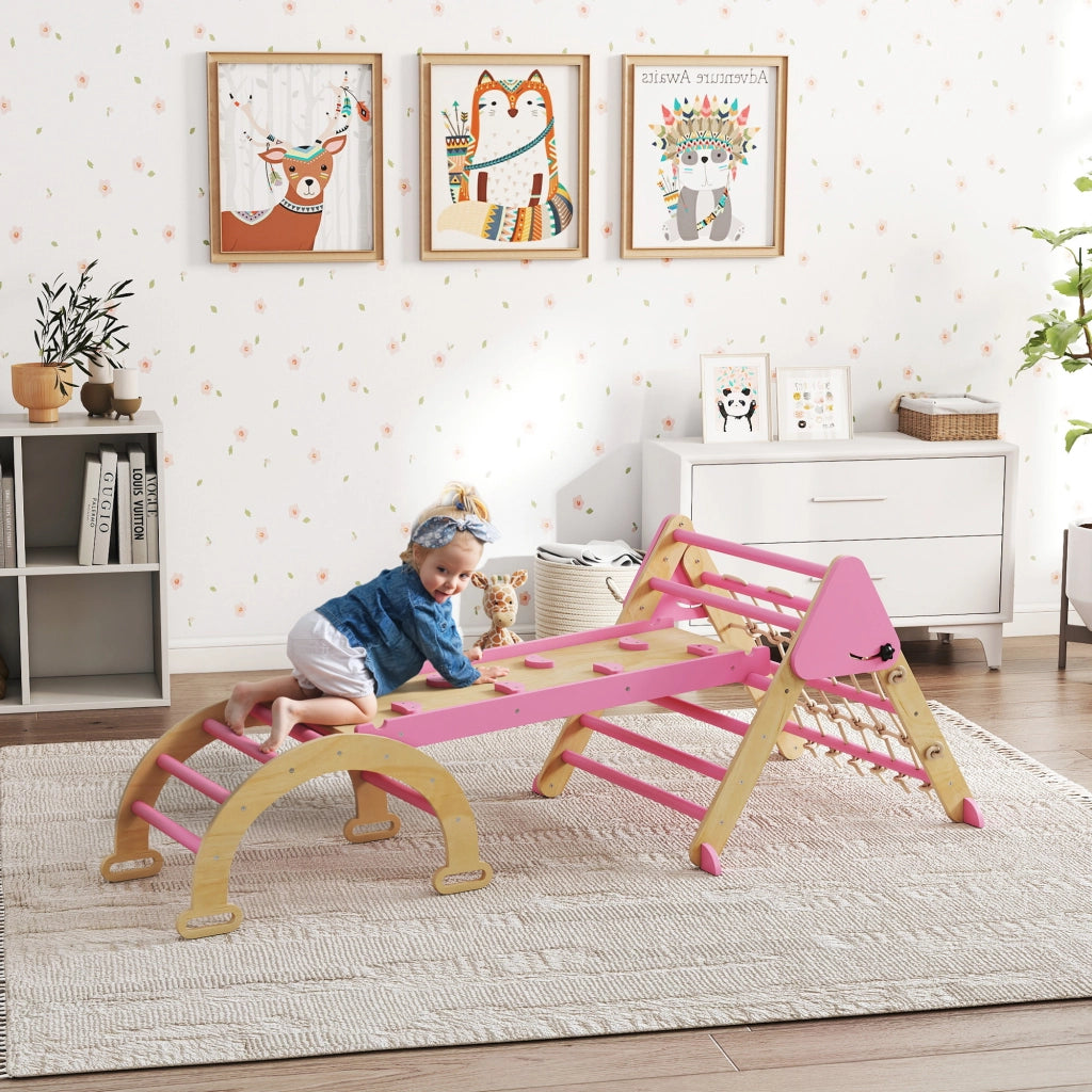 Triangolo arrampicata bambini 8 in 1 con rampa, arco in legno con scivolo e scala ¨C Xylo ¨C rosa