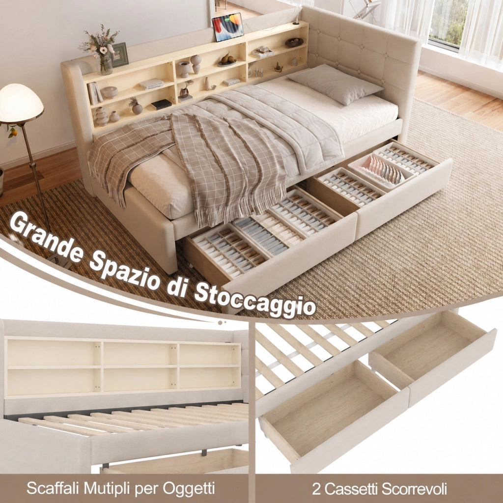 Letto singolo 90x200 con due cassetti e prese USB USB C; rete a doghe; lino grigio