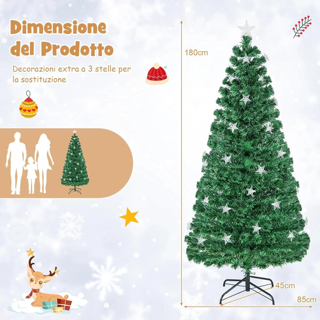 Albero di Natale 150/180 cm Pre-Illuminato, Albero di Natale Artificiale con 180/230 Punte di Ramo, 21/30 Luci a Stella Bianca Calda, Fibra Ottica e 8 Modalità di Illuminazione (150 cm)