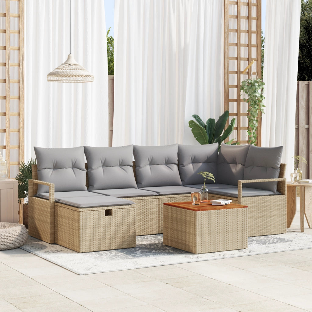 Set Divano da Giardino in 7 Pezzi con Cuscini Beige Polyrattan