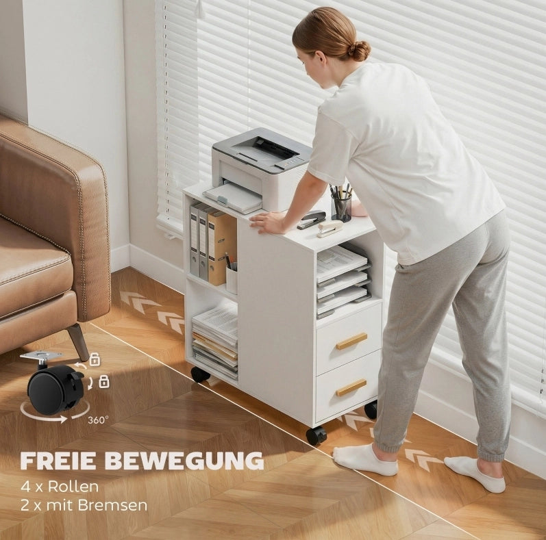 Supporto per Stampante con Ripiani Regolabili e Ruote, 60 x 30 x 65 cm, Bianco
