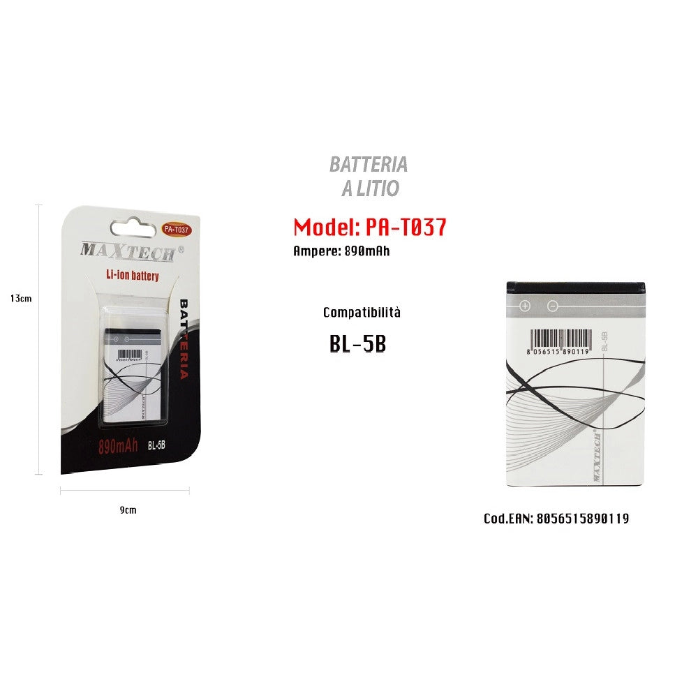 Trade Shop - Batteria Compatibile A Litio Bl-5b 890 Mah Li-ion Cellulare Maxtech Pa-t037 -