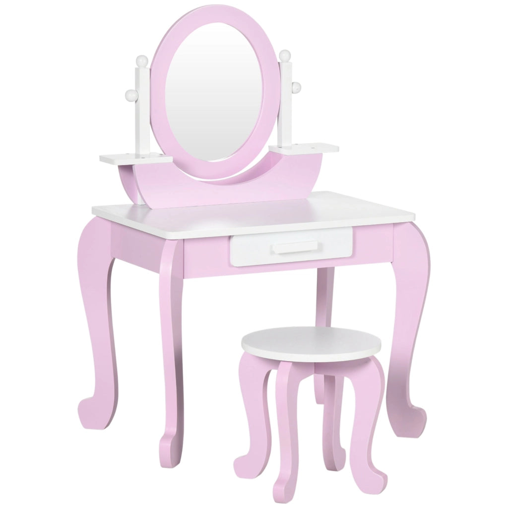 Specchiera Giocattolo per Bambine Tavolo Trucco con Specchio e Sgabello Rosa