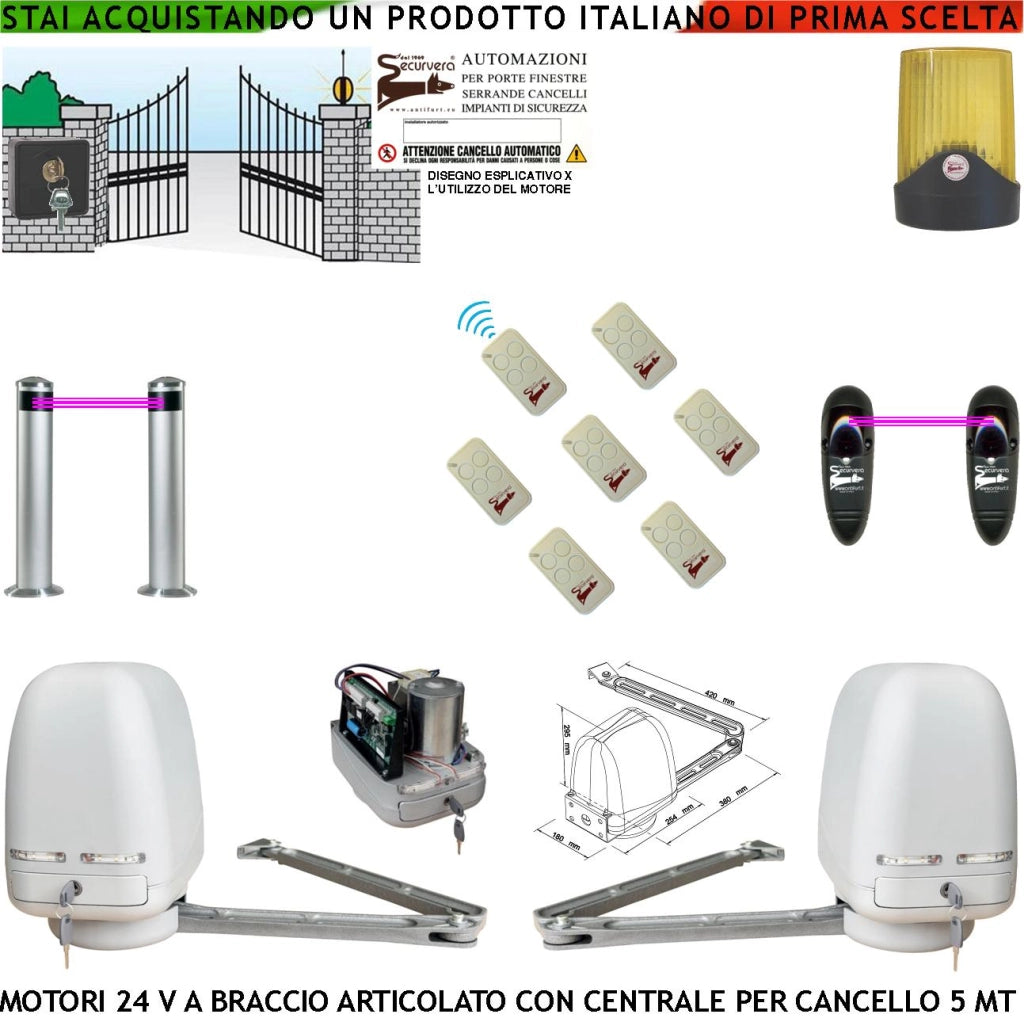Cancello Automatico Kit Motori a Braccio Articolato 24 V 2 Ante da 0,5 a 2,5 MT Centrale 220/24 V Selettore 7 Radiocomandi Faro 2 Fotocellule 2 Paline