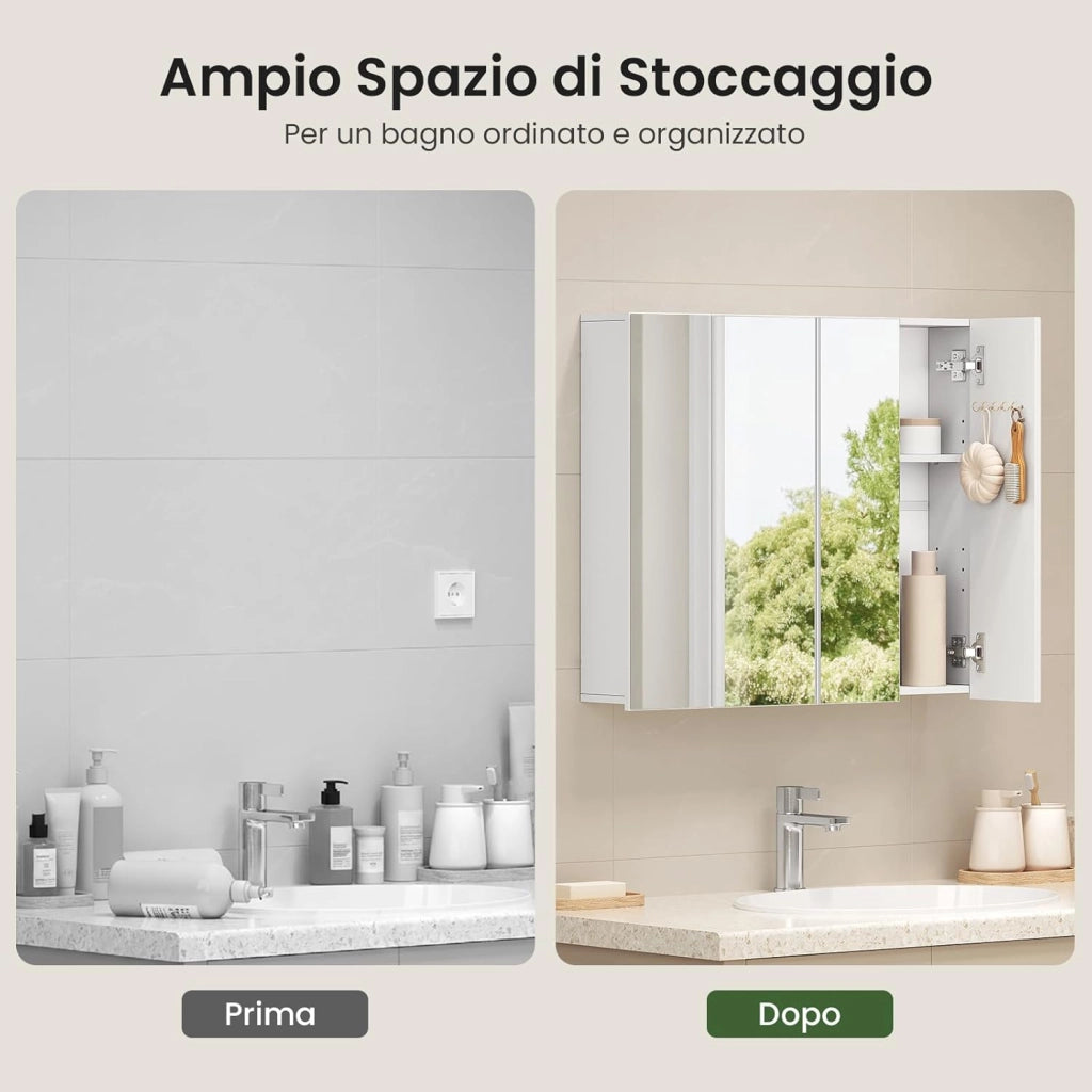 Armadietto Bagno con Specchio, Mobile Bagno Sospeso, con 3 Ante, Ganci, Ripiani Regolabili, Stile Nordico, Bianco, 70x14,5x61 cm