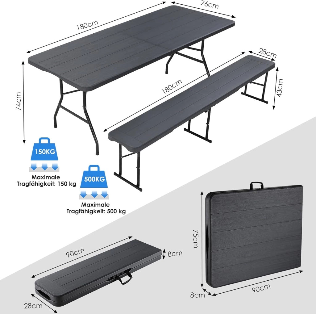 Set Tenda da Birra da 3 Pezzi 180cm, 1 Tavolo e 2 Panche Pieghevoli, Set di Mobili da Giardino in Plastica HDPE, Set Birreria con Manico di Trasporto, per Campeggio Picnic Esterno, Ottica in Legno