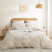 Set di coperte 3 pezzi, 200 x 200 cm, beige, a fiori, boho, microfibra, morbido, con chiusura a cerniera e 2 cuscini.