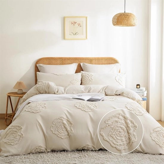 Set di coperte 3 pezzi, 200 x 200 cm, beige, a fiori, boho, microfibra, morbido, con chiusura a cerniera e 2 cuscini.