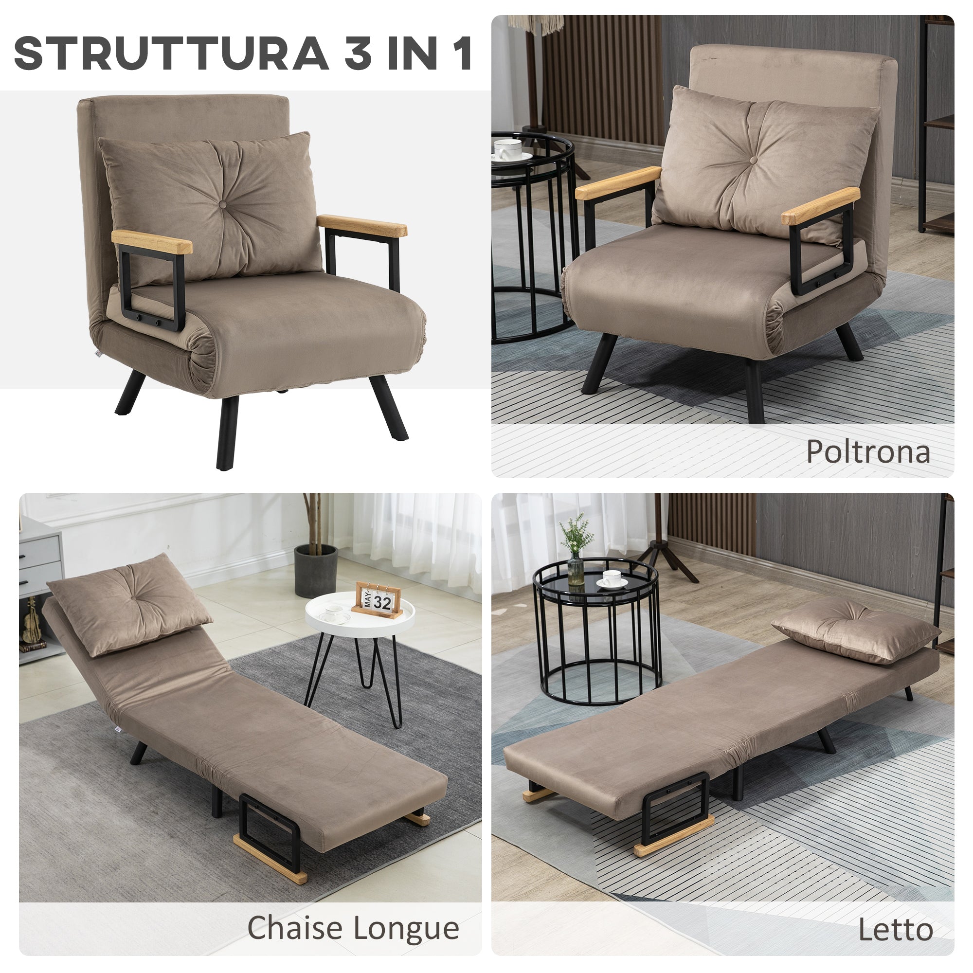 Poltrona Letto Singolo Trasformabile 63x73x81 cm in Tessuto Effetto Velluto Grigio