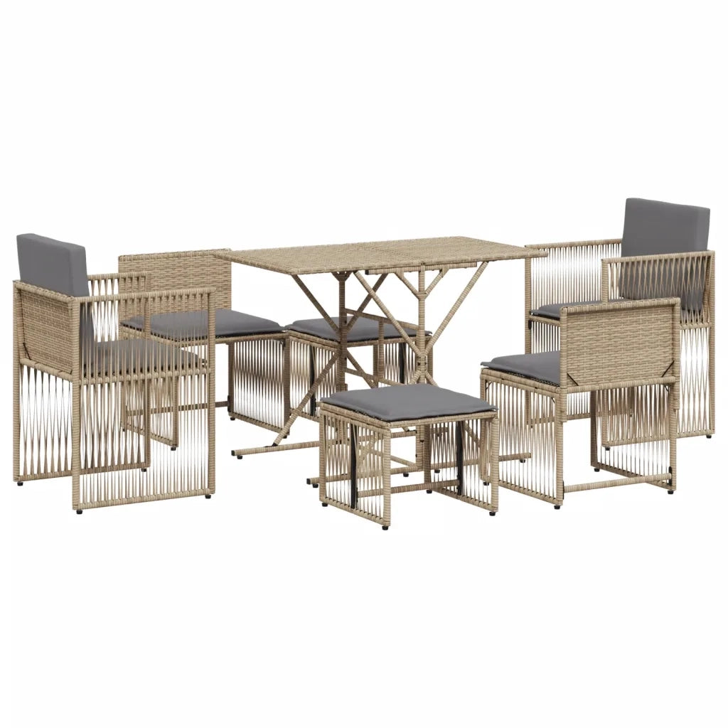 Set da Pranzo da Giardino 7 pz | Set Salotto da Giardino con Cuscini Beige in Polyrattan