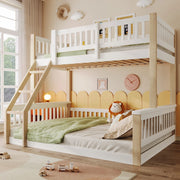 Letto a castello in legno di pino 90x200 cm + 140x200 cm; bianco e naturale
