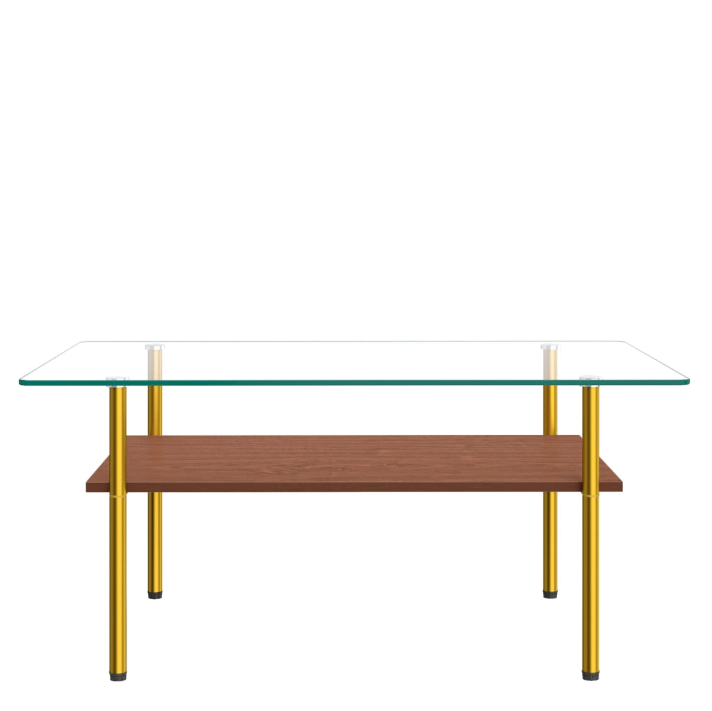 Tavolino da caffè 98x58x45 cm con piano in vetro e ripiano in MDF; struttura in metallo; marrone oro