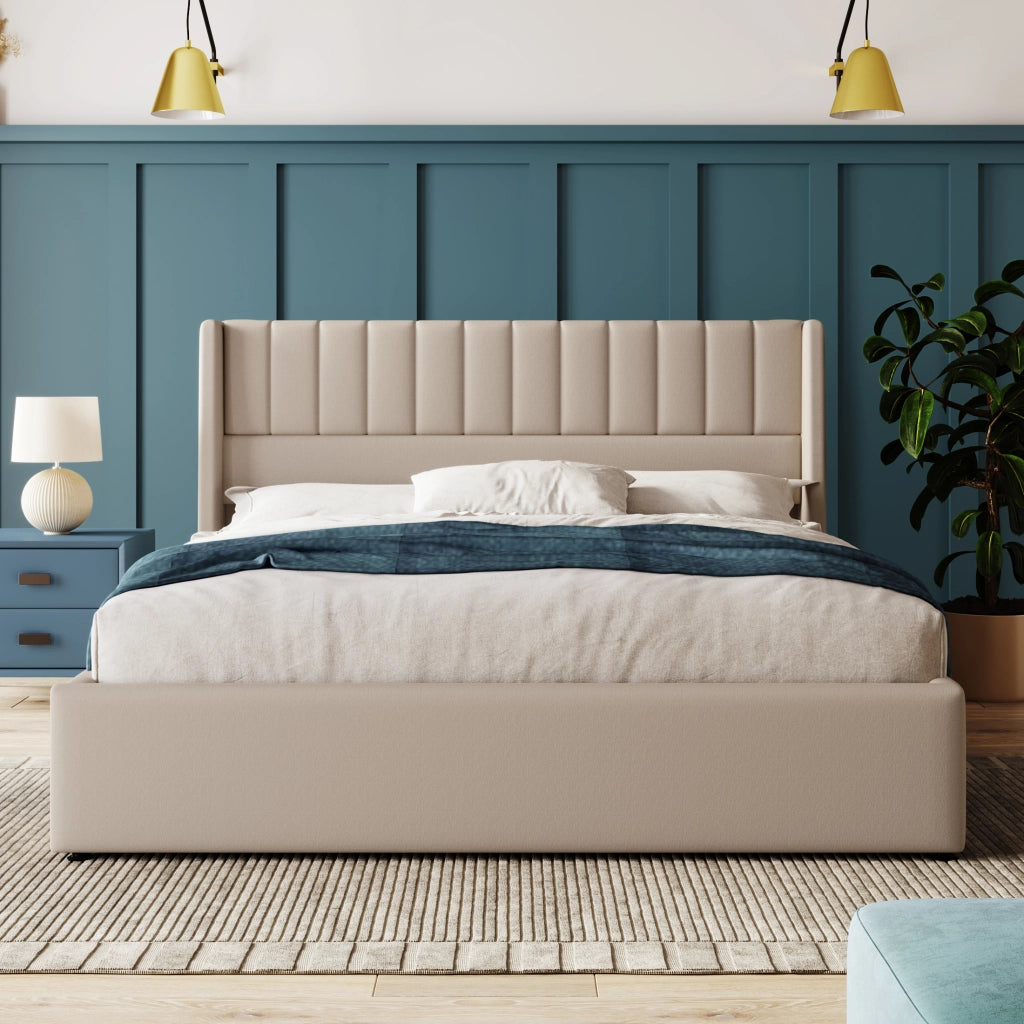Letto Contenitore Letto Matrimoniale 140 × 200 cm con Vano e Testiera Imbottita; senza Materasso; Beige
