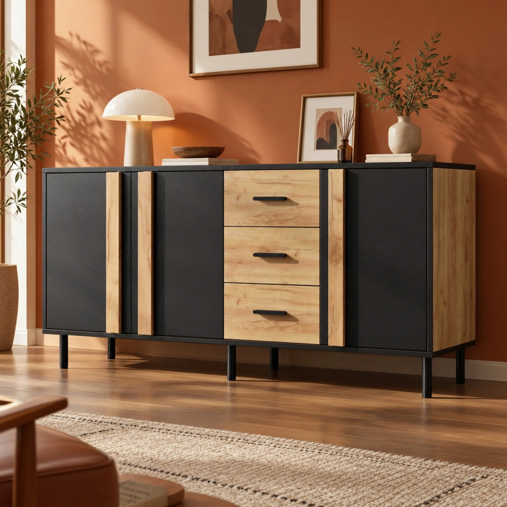 Credenza moderna 140x35x70 cm in MDF con 3 ante e 3 cassetti; nero e legno