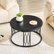 Tavolino basso rotondo in MDF con piano effetto legno e struttura in metallo per soggiorno nero Ø 70 × 40,5 cm
