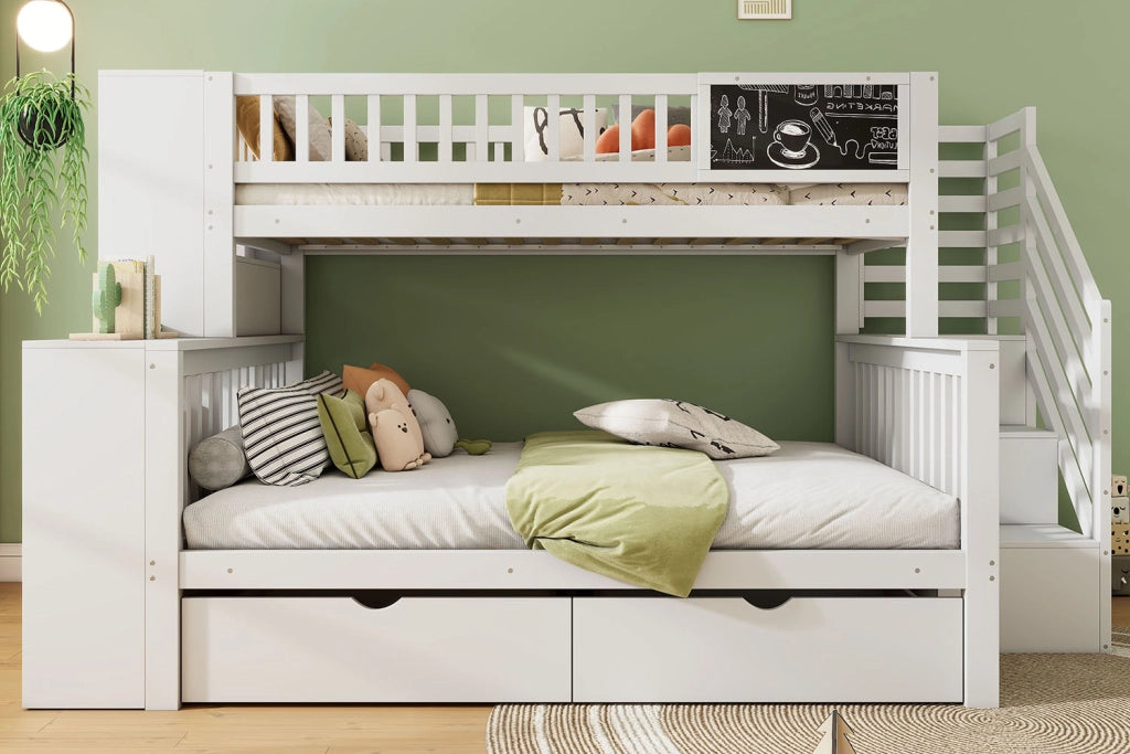 DESMIU Letto a castello per bambini 140 × 200 cm 2 posti con lavagna, scala e vani, senza materasso, bianco