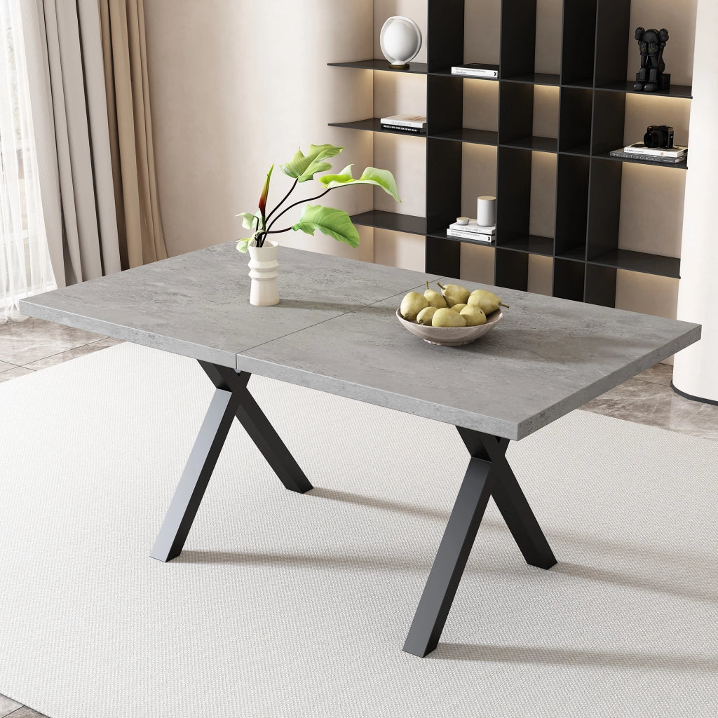 Tavolo da pranzo con gambe incrociate in MDF e metallo effetto cemento, per soggiorno e sala da pranzo, grigio nero