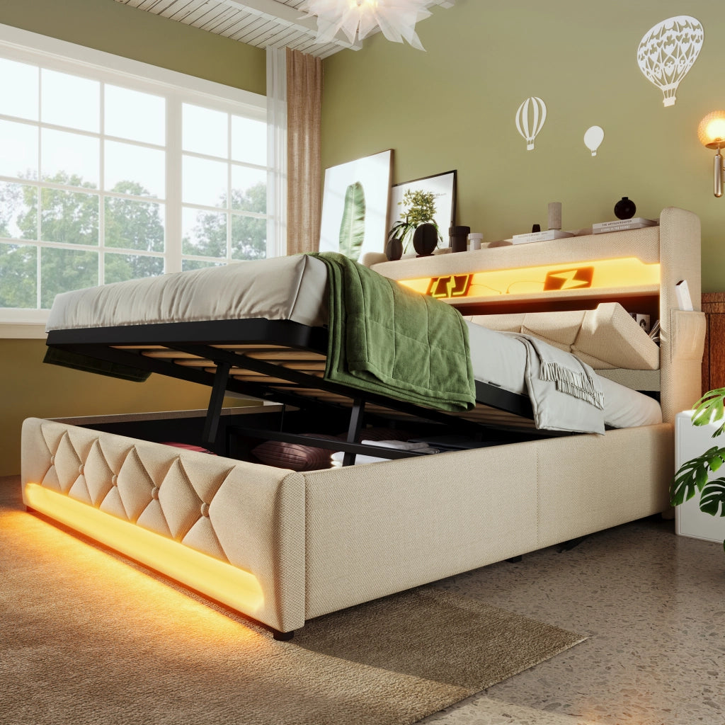 OKWISH Letto Contenitore 180×200 cm, Letto Matrimoniale con LED 360°, USB, Tipo C e Testiera con Contenitori, senza Materasso, in Lino, Beige