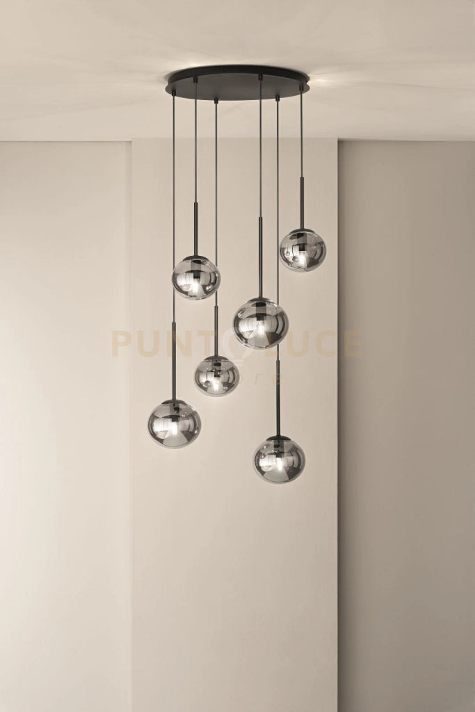 SOSPENSIONE JEWEL 6 LUCI NERO VETRO FUME' ATTACCO E14 VETRO D.15-17CM