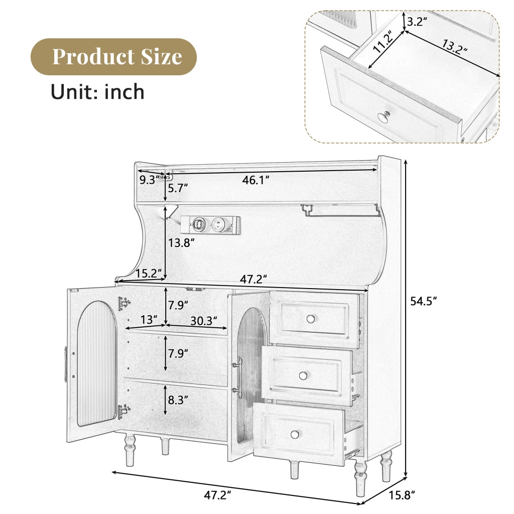 Mobile Bar con 3 Cassetti; Ripiani Regolabili; Portabicchieri e Presa USB Tipo C per Cucina 120x40x138.5 cm