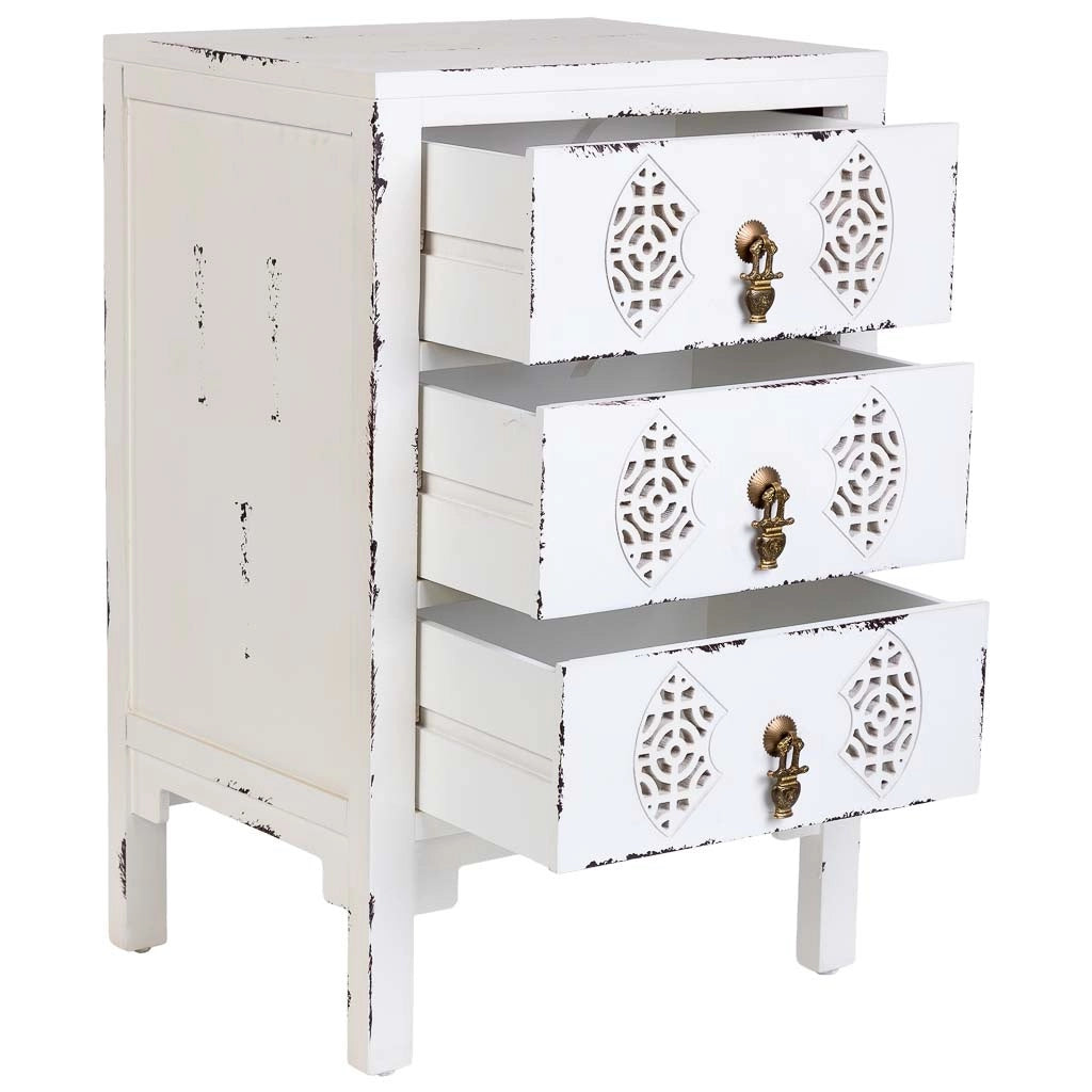 Mesita de madera con 3 cajones blanco 45x36x70