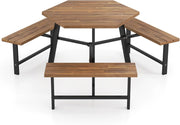 Tavolo da Picnic per 6 Persone, Tavolo da Giardino in Legno di Acacia con Foro per Ombrellone e 3 Panche Integrate, Set da Pranzo Resistente alle Intemperie per Terrazza, Cortile, Giardino
