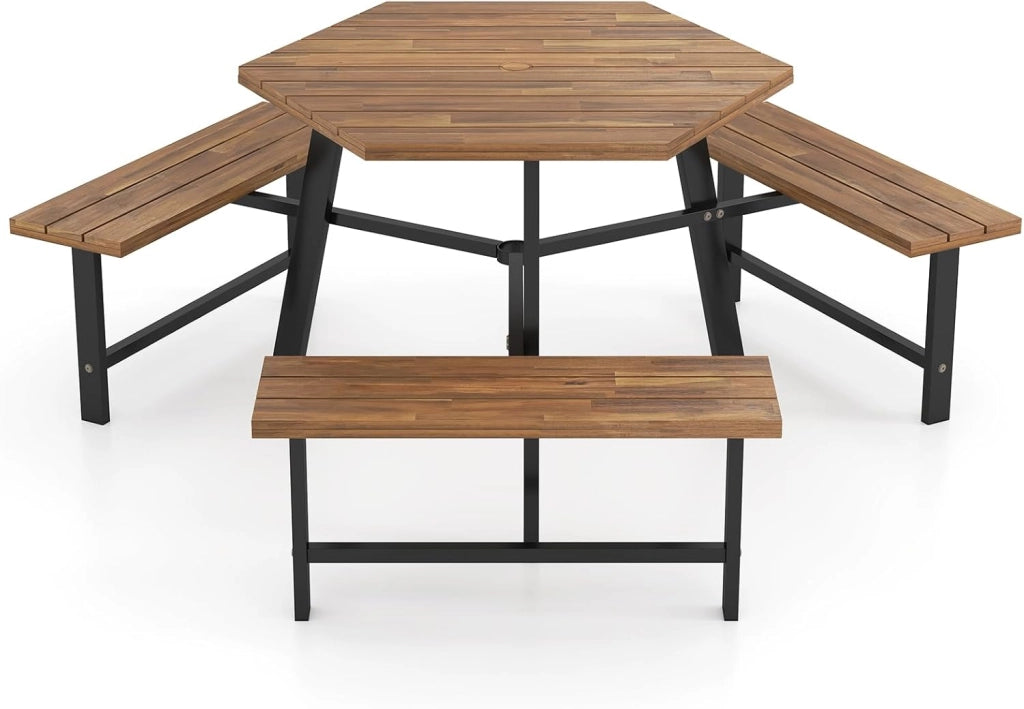 Tavolo da Picnic per 6 Persone, Tavolo da Giardino in Legno di Acacia con Foro per Ombrellone e 3 Panche Integrate, Set da Pranzo Resistente alle Intemperie per Terrazza, Cortile, Giardino